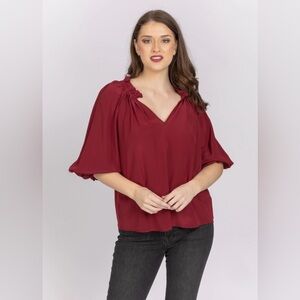 Gilner Farrar Ellie silk‎ Blouse in Ruby size small balloon sleeve v neck